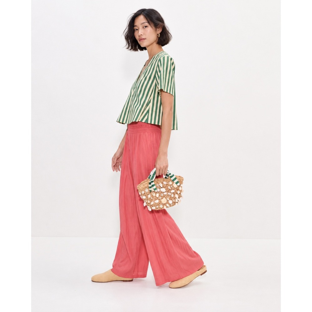 Zac & Rachel Petite Coral Pink Wide Leg Smocked Waist Crochet Trim Pants PL